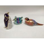 A Herend porcelain figure of two ducks, marks to base, 10cm, together with two Royal Crown Derby