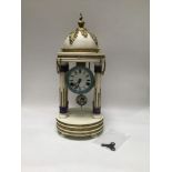A large French white marble clock, eight day movement striking a bell, white enamel dial with