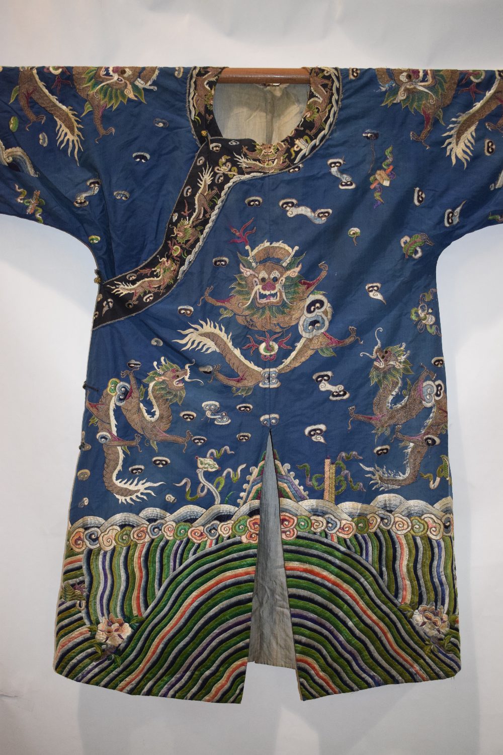 Fine Chinese blue silk dragon robe, late 19th/early 20th century, the four-clawed dragons above a - Image 3 of 17