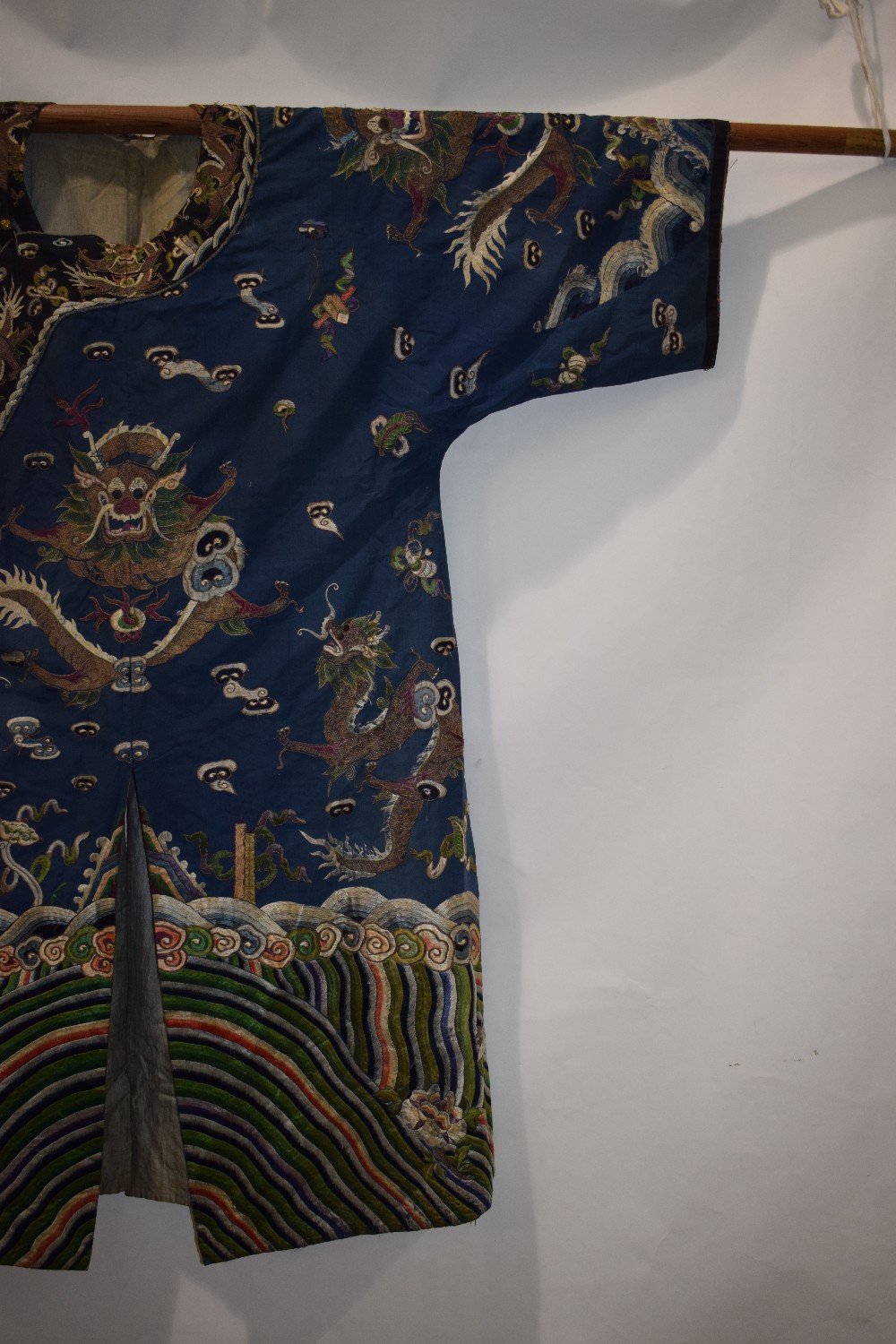 Fine Chinese blue silk dragon robe, late 19th/early 20th century, the four-clawed dragons above a - Image 4 of 17