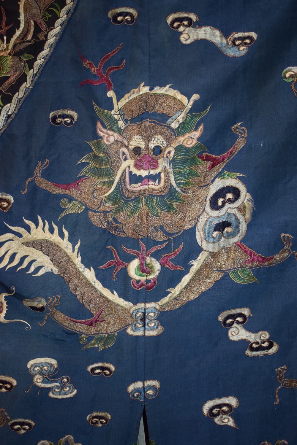 Fine Chinese blue silk dragon robe, late 19th/early 20th century, the four-clawed dragons above a - Image 6 of 17