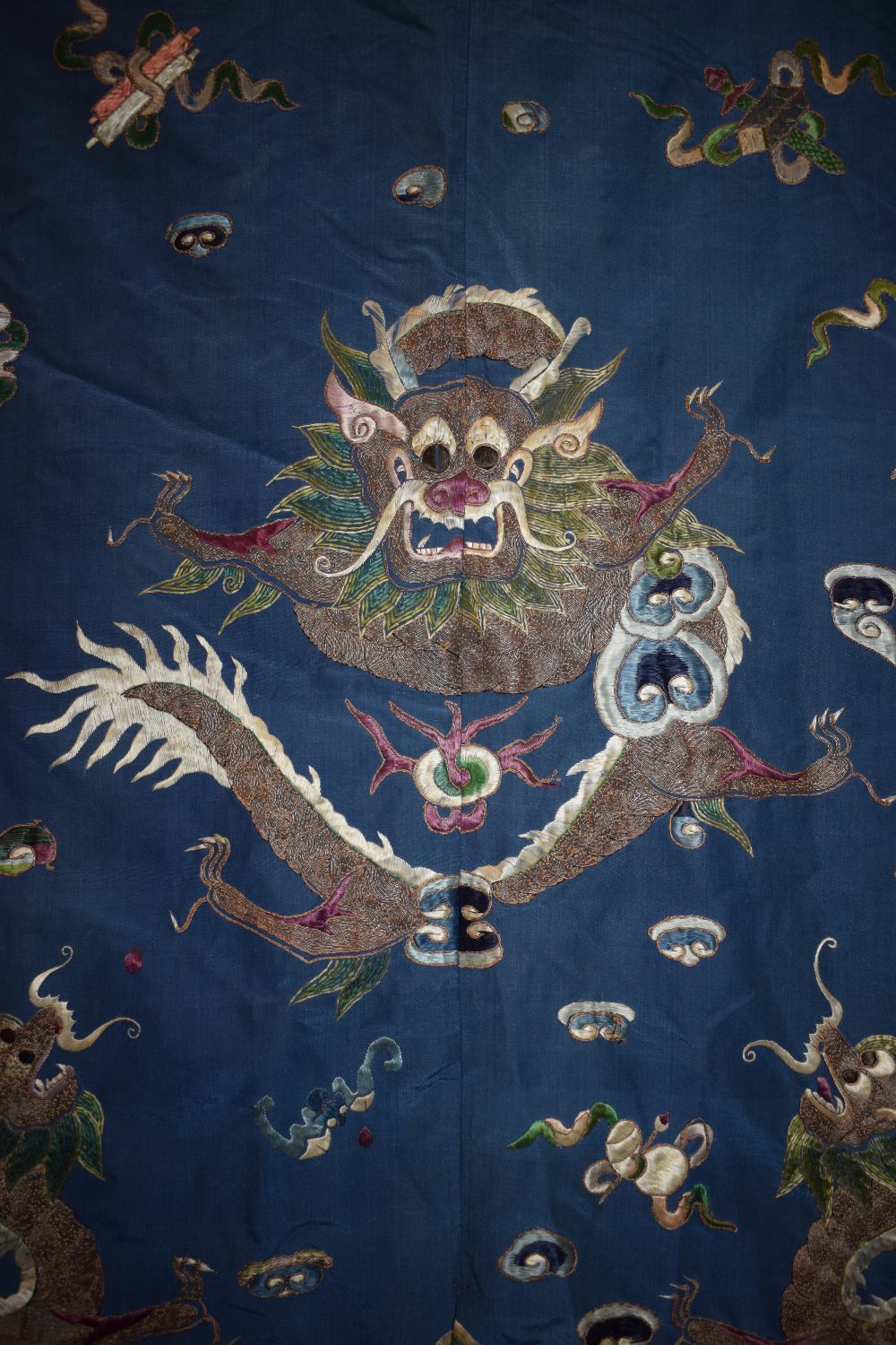 Fine Chinese blue silk dragon robe, late 19th/early 20th century, the four-clawed dragons above a - Image 13 of 17