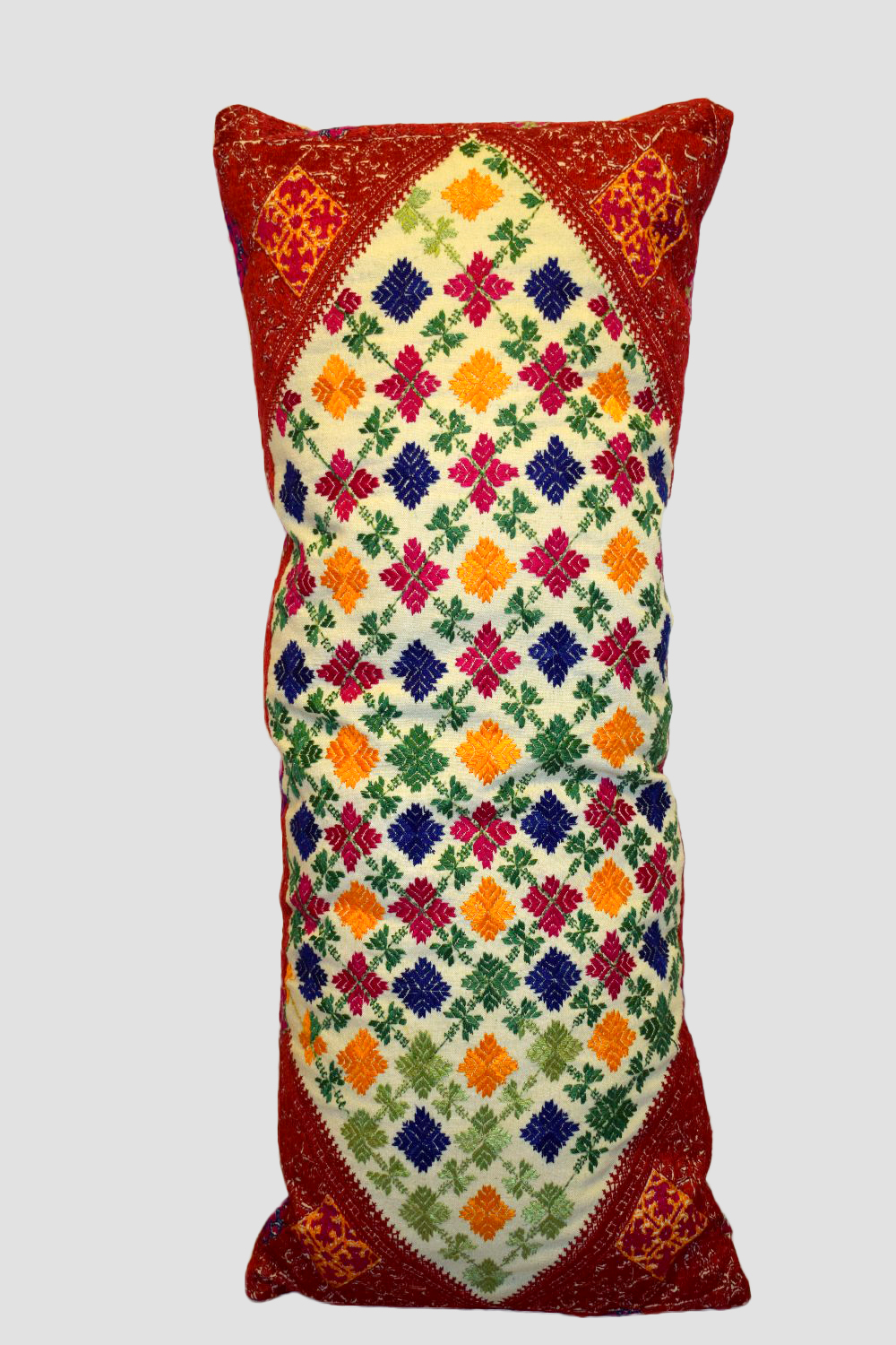 Swat Valley floss silk embroidered bolster, Pakistan, second half 20th century, 31in. X 13in.