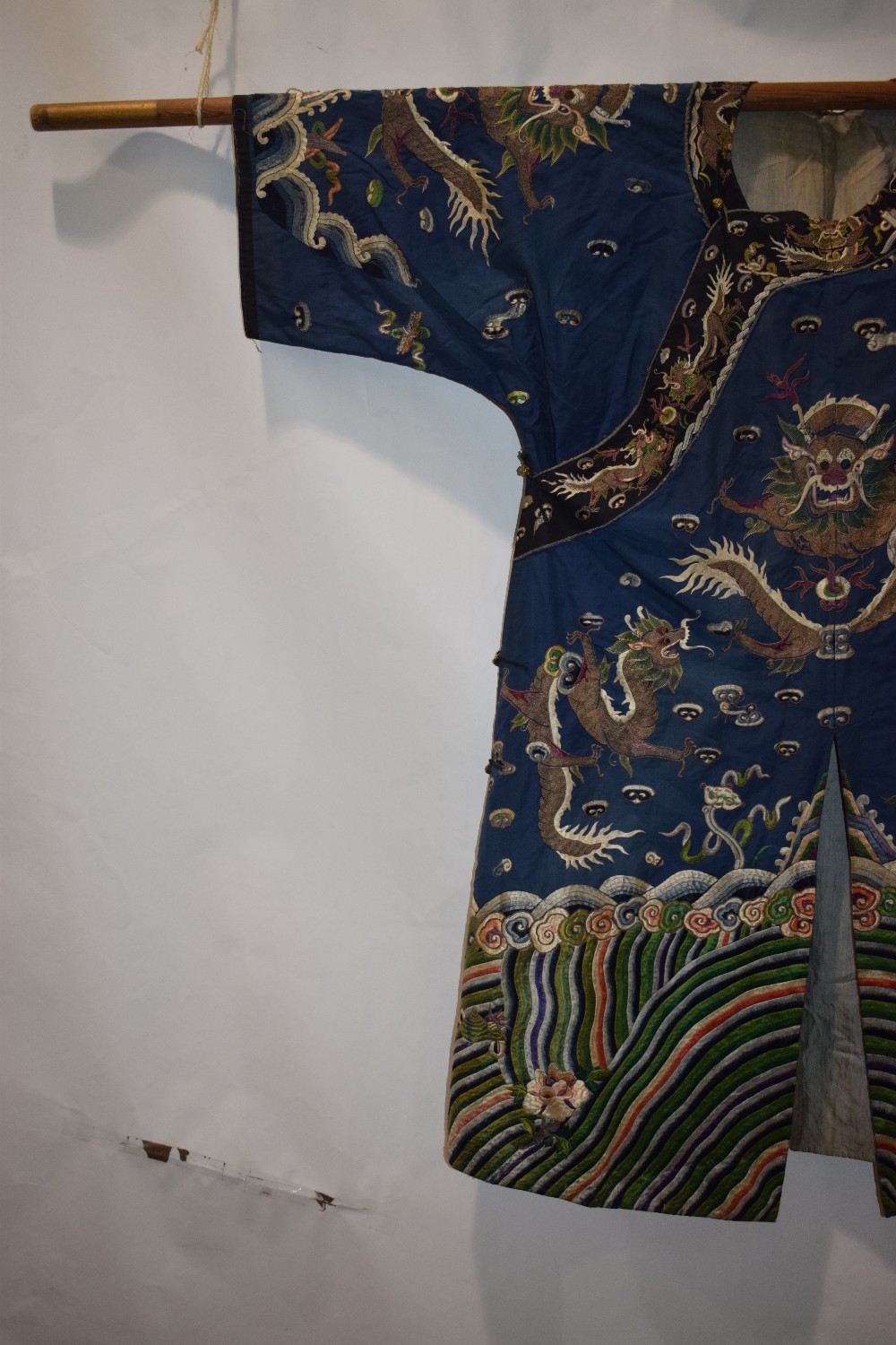 Fine Chinese blue silk dragon robe, late 19th/early 20th century, the four-clawed dragons above a - Image 2 of 17