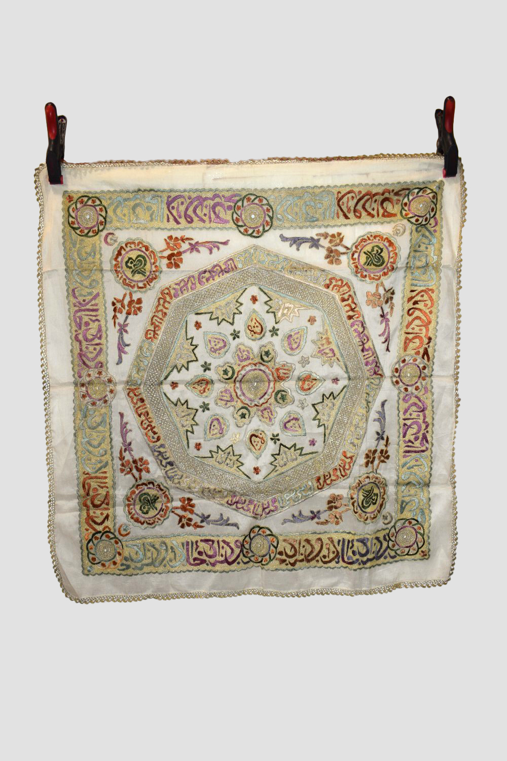 Ottoman silk and metal thread embroidered bohce, circa 1930s, 36in. X 38in. 91cm. X 96cm. Silk gauze