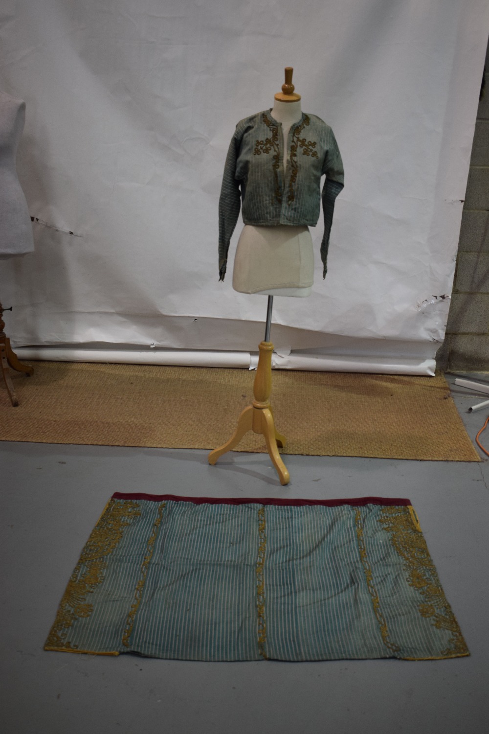 Ottoman silk jacket and matching wide trousers, the pale blue silk with narrow white and purple