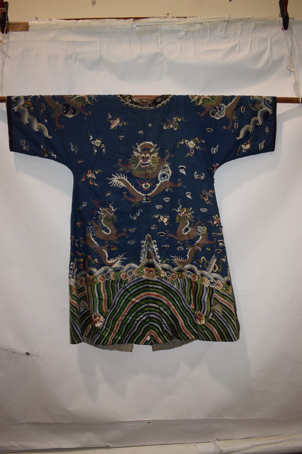 Fine Chinese blue silk dragon robe, late 19th/early 20th century, the four-clawed dragons above a - Image 9 of 17