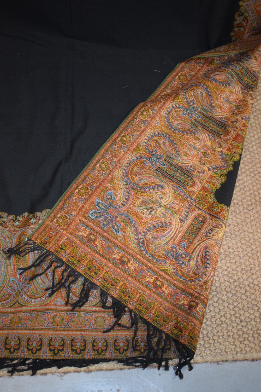 French long wool carriage shawl, late 19th century, 133in. X 62in. 338cm. X 158cm. Plain black - Image 7 of 7