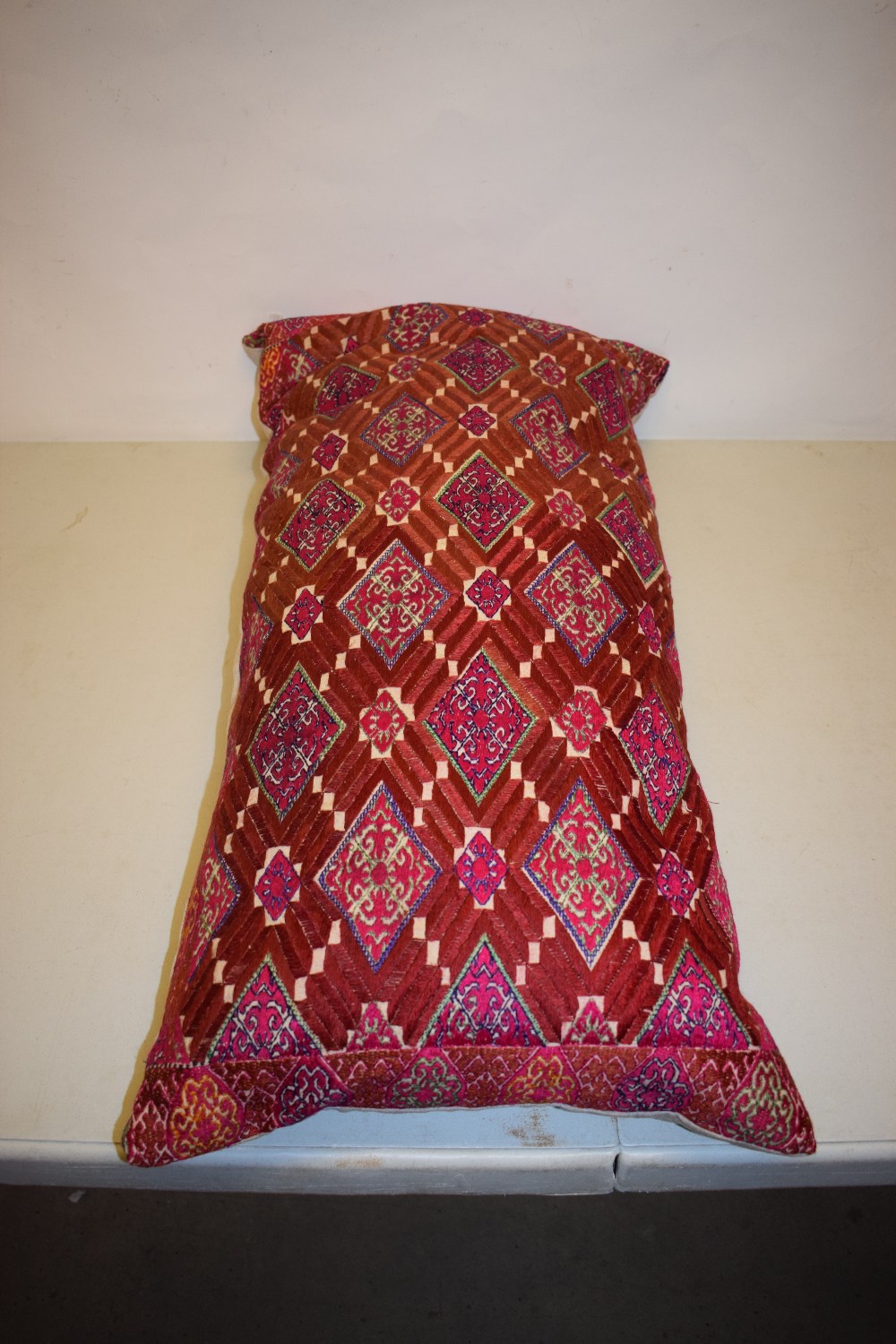 Swat Valley floss silk embroidered bolster, Pakistan, second half 20th century, 32in. X 16in. - Image 2 of 3
