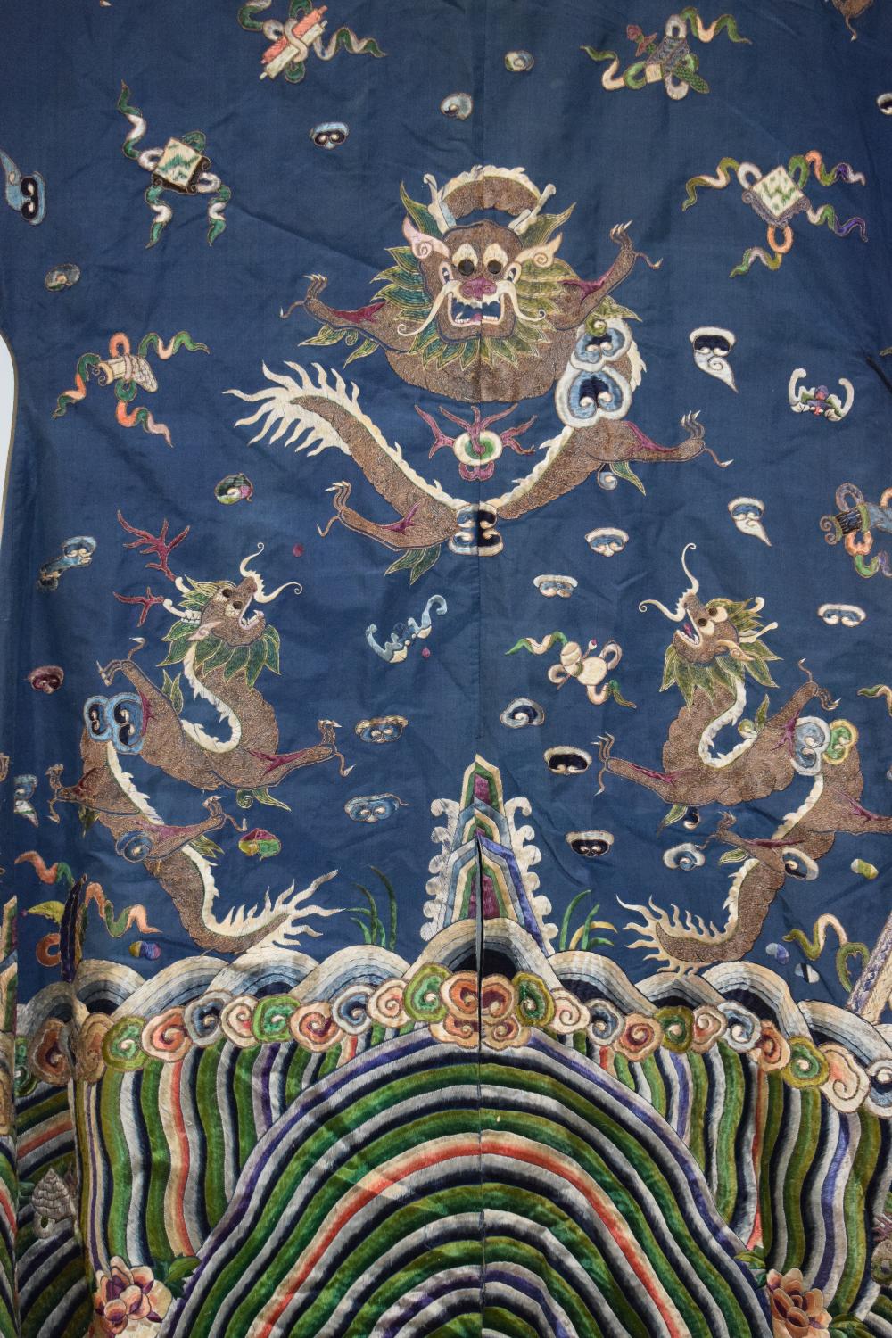 Fine Chinese blue silk dragon robe, late 19th/early 20th century, the four-clawed dragons above a - Image 12 of 17