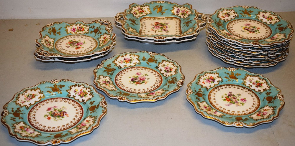 A William IV/early Victorian Coalport porcelain dessert service, the centres painted flowers sky