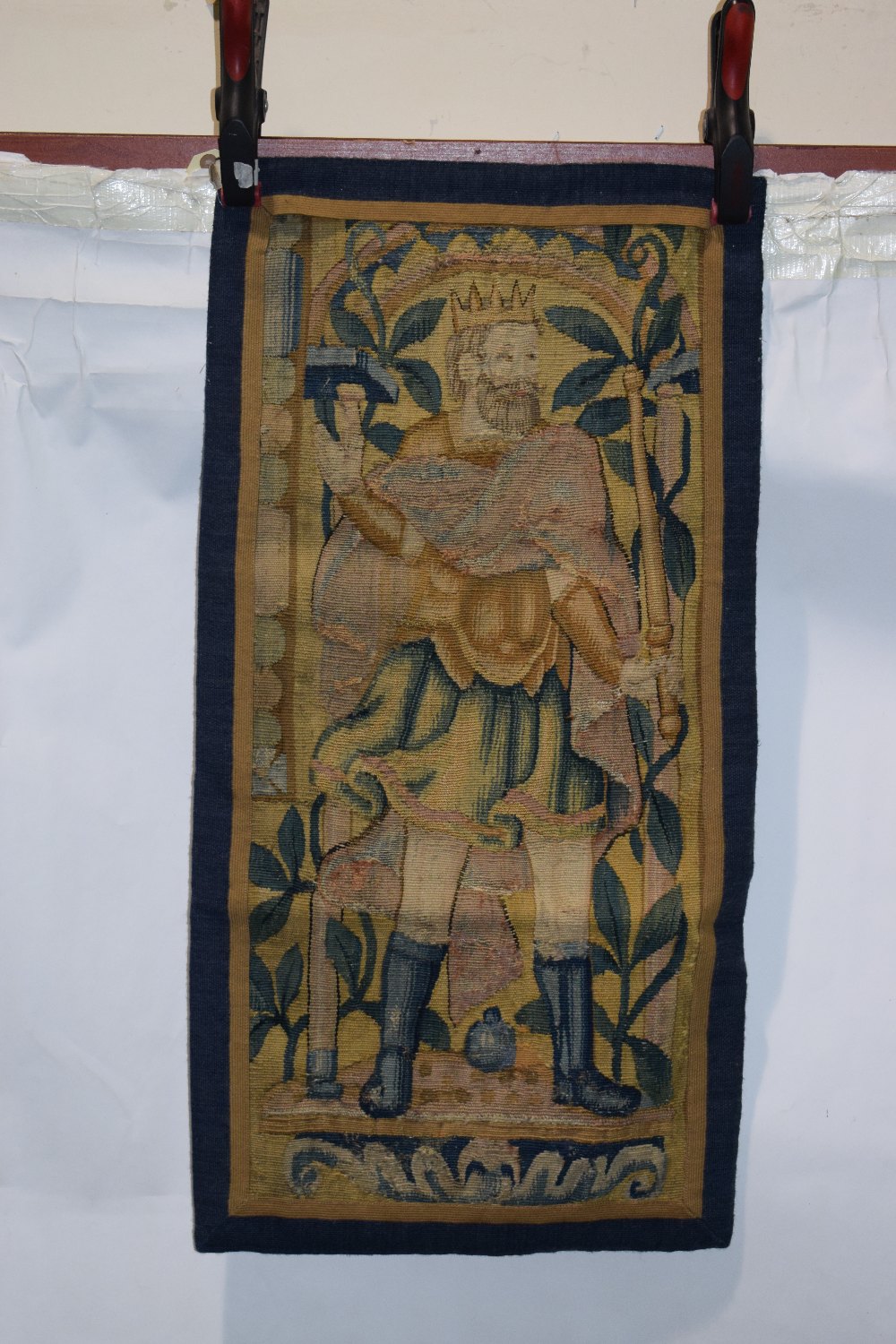 Decorative Brussels tapestry fragment, late 17th century, 33 1/2 in. x 17in. 85cm. x 43cm. Depicting