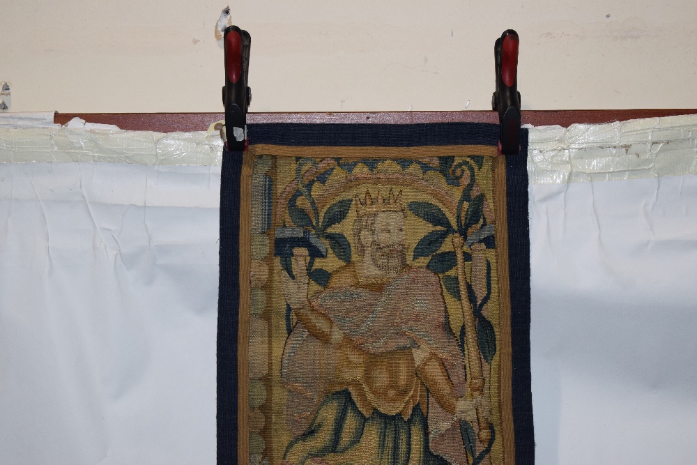 Decorative Brussels tapestry fragment, late 17th century, 33 1/2 in. x 17in. 85cm. x 43cm. Depicting - Image 2 of 4