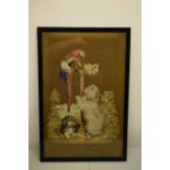 Fine Victorian embroidery, 25in. x 16in., 64cm. x 41cm. of a macaw on a wooden stand feeding two