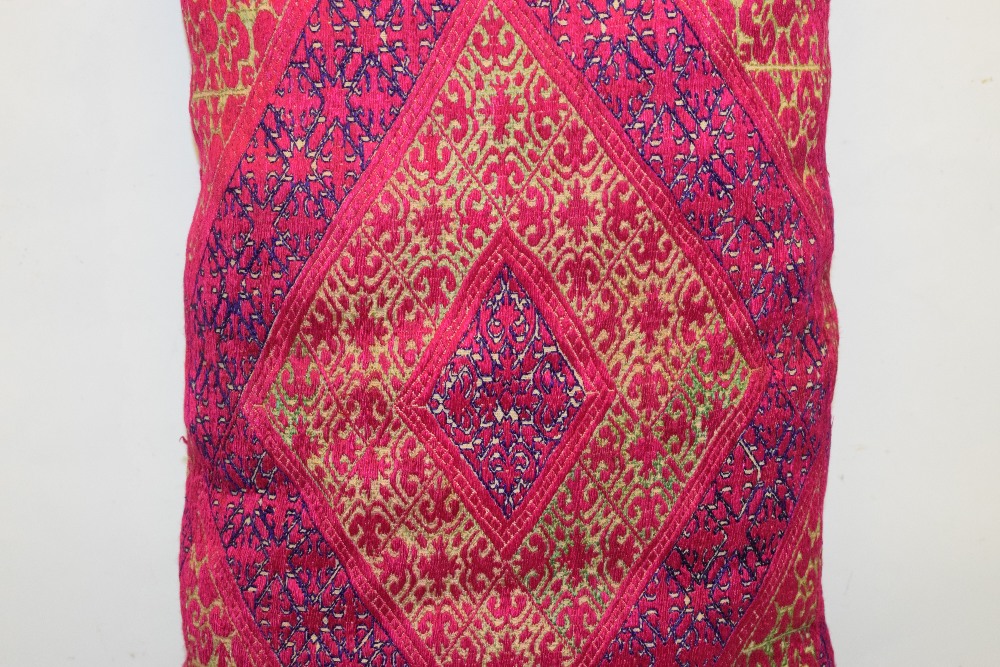 Swat Valley floss silk embroidered bolster, Pakistan, second half 20th century, 30in. x 15in. - Image 3 of 5