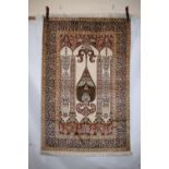 Kashmir silk prayer rug, north India, modern production, 6ft. 1in. x 4ft. 1.86m. x 1.22m.