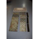 Three Chinese brocaded silk and metal thread length fragments, 74in. x 23 1/2in. 188cm. x 60cm.;
