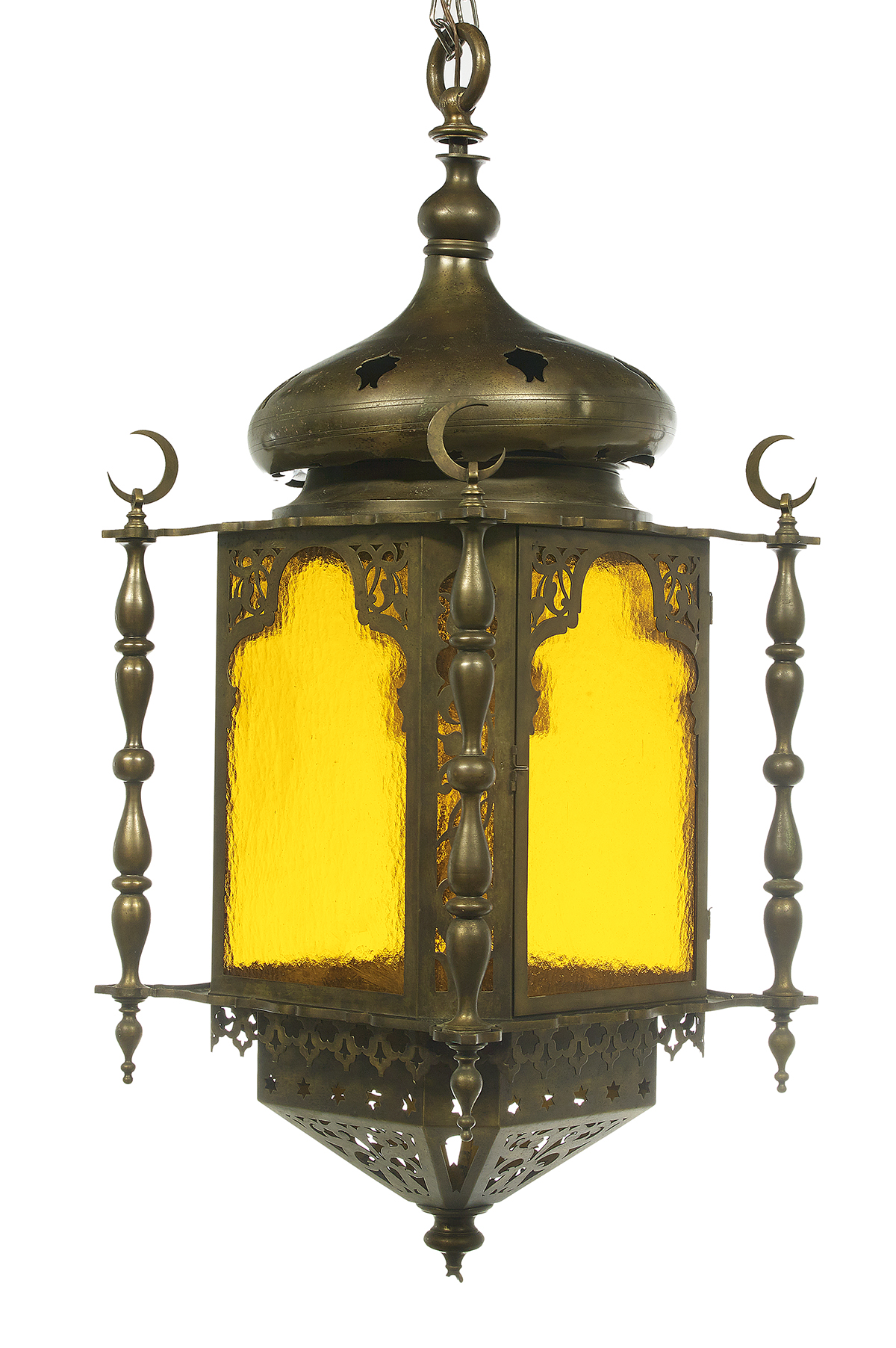 Moorish-Style Bronze, Brass and Glass Lantern