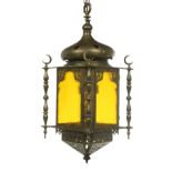 Moorish-Style Bronze, Brass and Glass Lantern