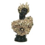 Shell-Encrusted Ebonized Cast Stone Bust