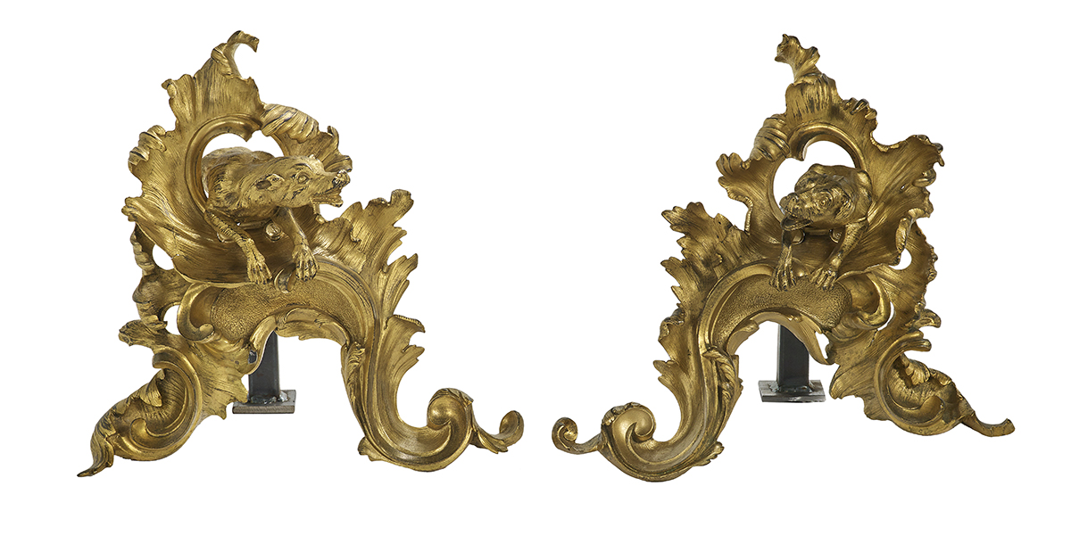 Pair of Unusual French Bronze Figural Chenets