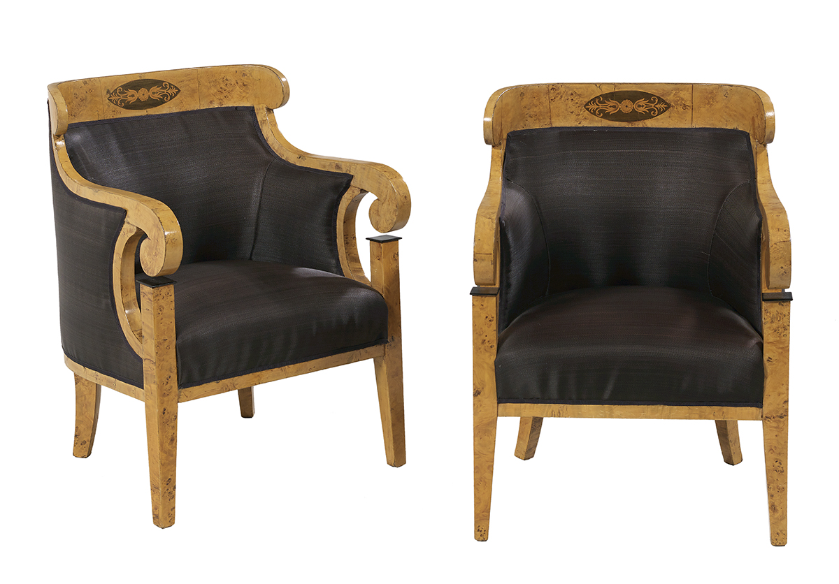 Pair of Biedermeier Marquetry-Inlaid Armchairs