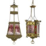 Two Brass and Ruby Glass Hall Lanterns