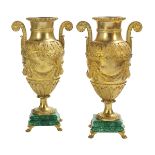 Pair of Gilt-Bronze and Malachite Urns