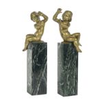 Pair of French Bronze Putti on Marble Plinths