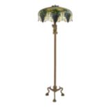 Bronze Lamp with Stained and Leaded Glass Shade