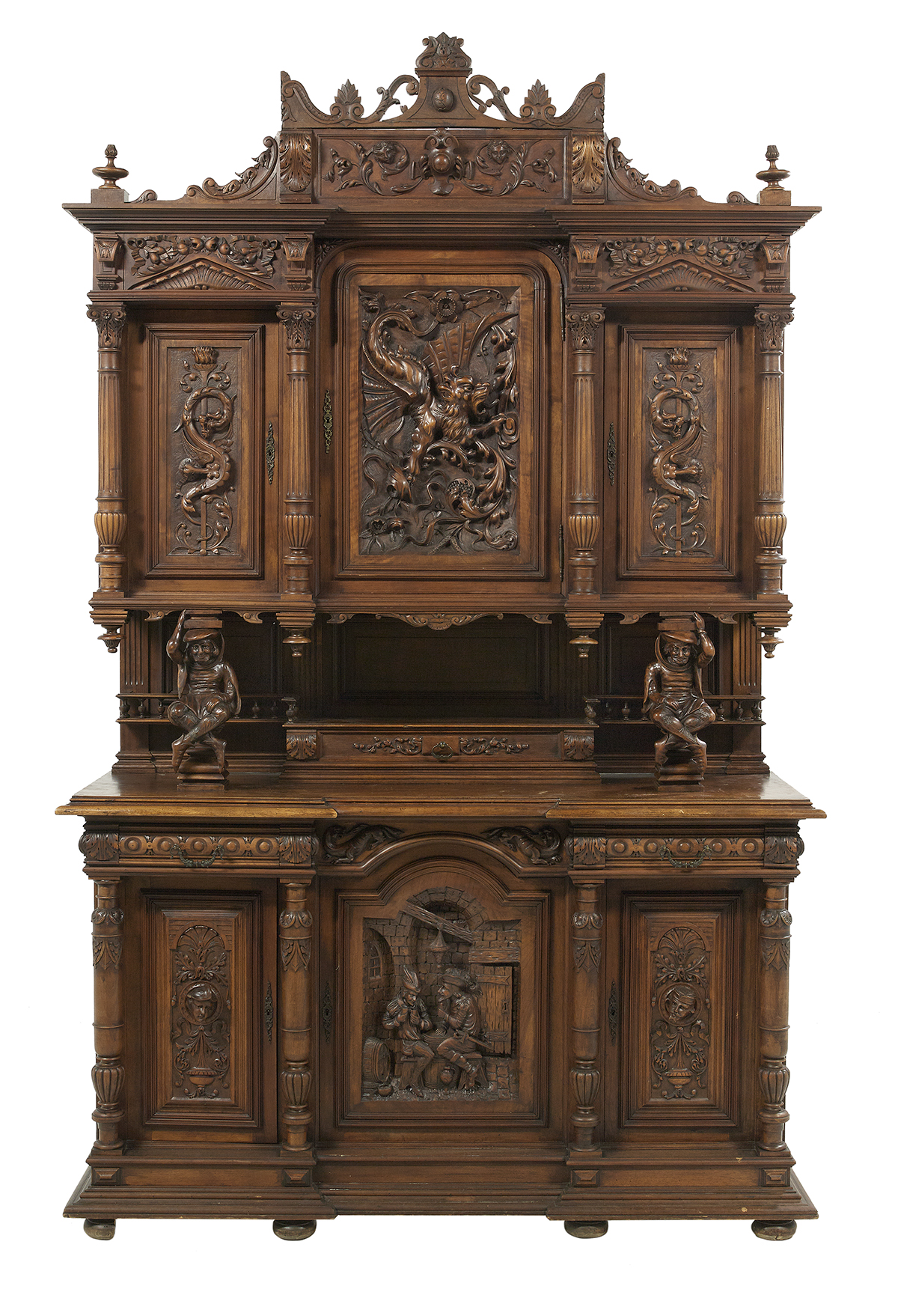 Impressive Continental Carved Walnut Breakfront