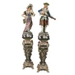 Pair of Barbotine Majolica Musicians on Pedestals