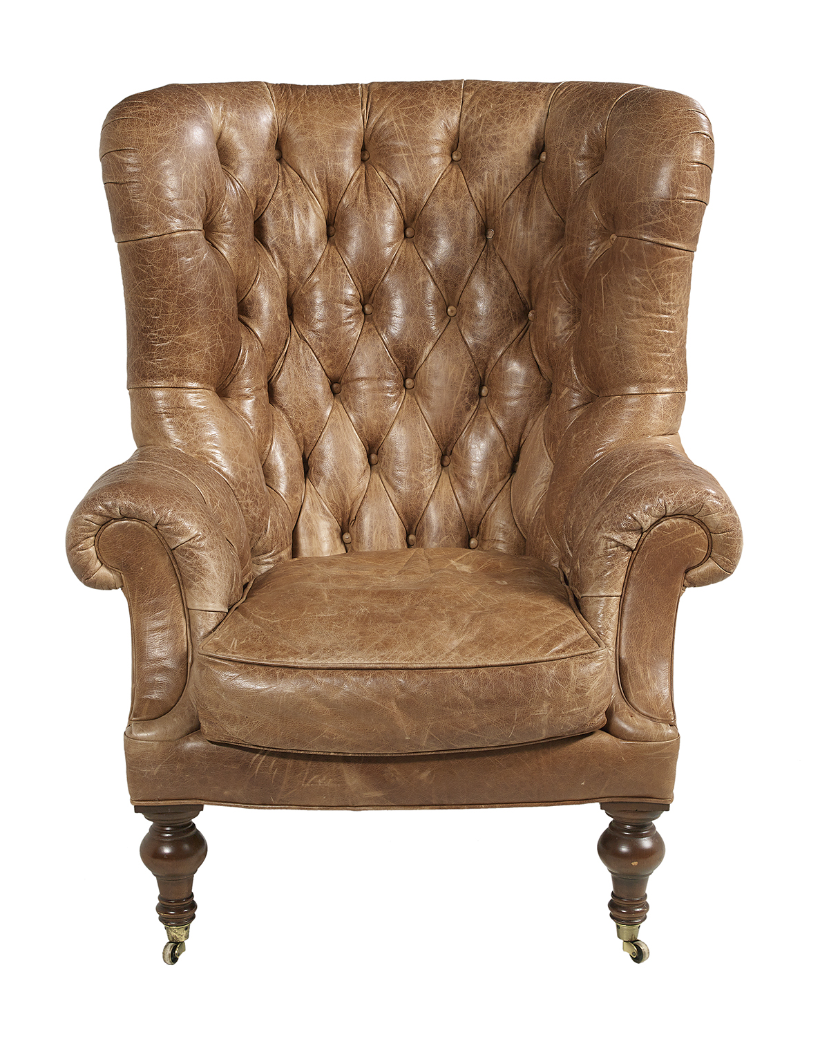 Large Brown Leather Barrel-Back Armchair