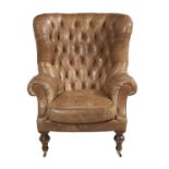 Large Brown Leather Barrel-Back Armchair