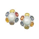 Pair of South Sea Pearl and Sapphire Ear Clips