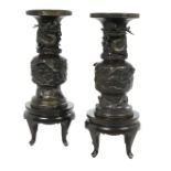 Pair of Japanese Bronze Urns on Hardwood Stands