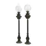 Near Pair of English Bronze and Marble Lamps