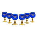 Six Bohemian Cobalt & Amber Glass Brandy Snifters