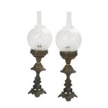 Pair of Cast Metal, Brass and Glass Argand Lamps