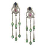 Pair of Diamond, Emerald, and Sapphire Earrings