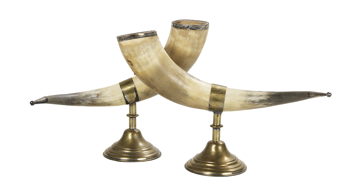 Pair of Silver-Plated Brass-Mounted Hunting Horns