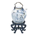 Chinese Blue & White Porcelain & Brass Punch Pot