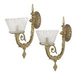 Pair of American Brass and Glass Gas-Type Sconces