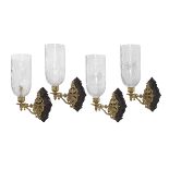 Four Rococo-Style Brass, Mahogany & Glass Sconces