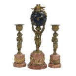 French Bronze and Marble Petite Clock Set