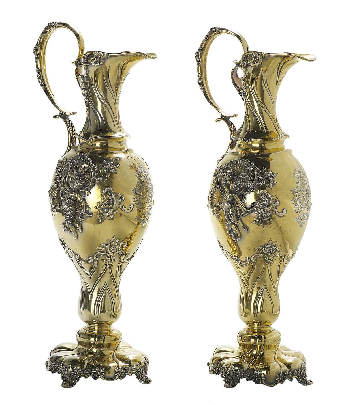 Pair of Tiffany & Co. Sterling Silver Gilt Ewers