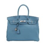 Hermes "Birkin 35" Blue Jean Togo Leather Handbag