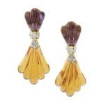 Pair of Amethyst, Citrine and Diamond Ear Clips