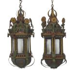 Pair of Italian Painted Tole Hexagonal Lanterns