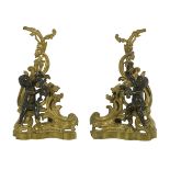 Pair of French Gilt- and Patinated Bronze Chenets